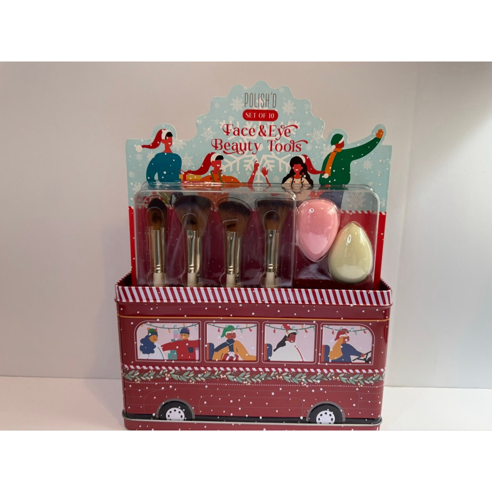 POLISH’D Set of 10 Face & Eye Beauty Tools – Holiday Bus Tin